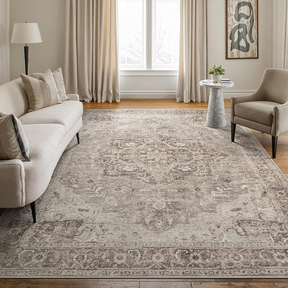 Bloom Rugs Washable Non-Slip 6' x 9' Rug - Beige/Gray Traditional Area Rug for Living Room, Bedroom, Dining Room, and Kitchen - Exact Size: 6' x 9'