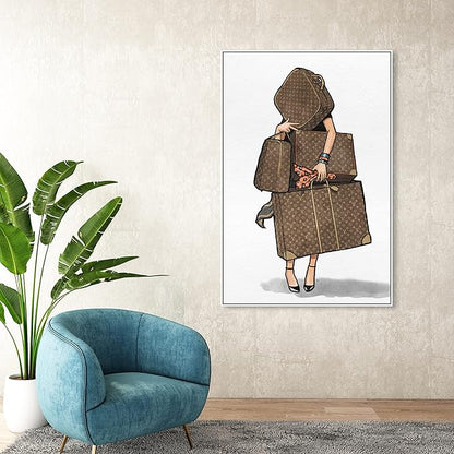 The Oliver Gal Artist Co. Fashion and Glam Modern Canvas Art - Bags, Bags, Bags- Orange, Wall Art for Living Room, Bedroom, and Bathroom, 36 in x 54, White and Brown Home Decor