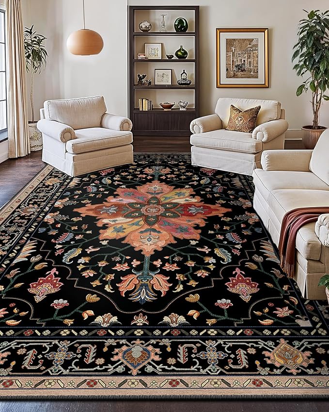 RELEANY Area Rugs 10'x14' Washable Non-Slip, Floral Vintage Distress Print Pattern Medallion Carpet for Living Room Bedroom Dining Room, Black Colorful Floral Dark Tan