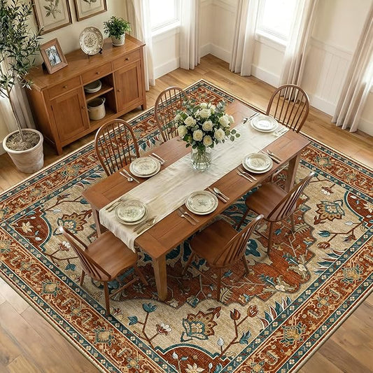 RELEANY Area Rugs Square 10ft Washable Non-Slip, Floral Vintage Distress Print Pattern Medallion Carpet for Living Room Bedroom Dining Room, Red Orange Blue Brown
