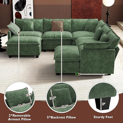 Ihanherry 114" V-Shaped Modern Sofa Modular Sectional Cloud Couch with 2 Ottoman, 7-Seat Chenille Deep Seat Sofa with Corner Section for Living Room, Bedroom and Apartment, Green