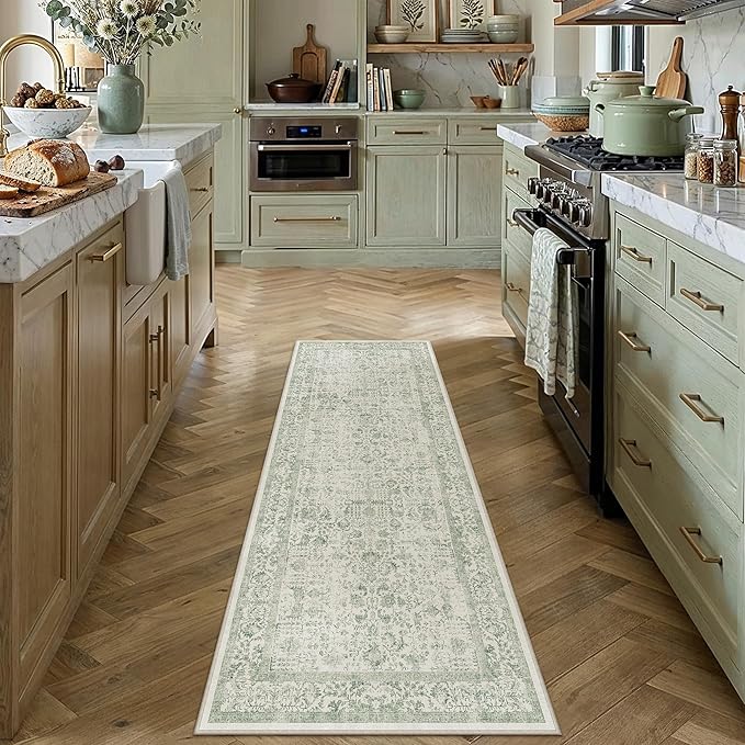 PureCozy Runner Rug 2x6 Sage Green Hallway Washable Vintage Distressed Kitchen Carpet Non Slip Neutral Low Pile Retro Floral Farmhouse Long Throw Rug Entryway Bathroom Office Laundry Dining Room