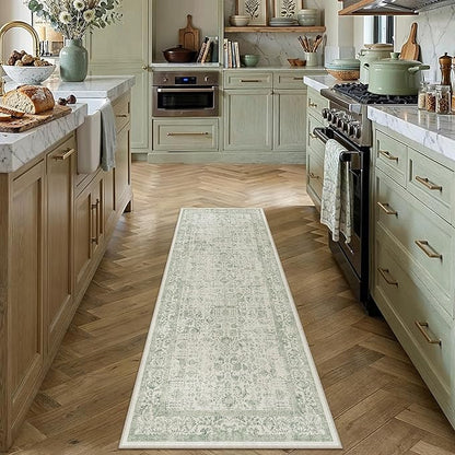 PureCozy Runner Rug 2x6 Sage Green Hallway Washable Vintage Distressed Kitchen Carpet Non Slip Neutral Low Pile Retro Floral Farmhouse Long Throw Rug Entryway Bathroom Office Laundry Dining Room
