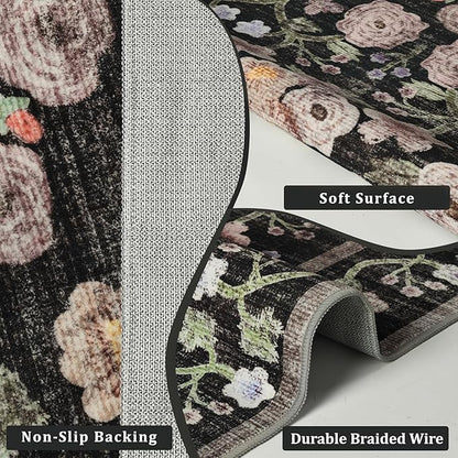 Maxsoft Large Area Rugs for Living Room Bedroom, 5x7 Washable Floral Area Rugs, Non-Slip and Stain Resistant Soft Throw Indoor Carpet for Dining Room Office Kitchen Dorm Home Decor, Black