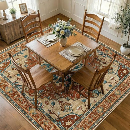 RELEANY Area Rugs Square 8ft Washable Non-Slip, Floral Vintage Distress Print Pattern Medallion Carpet for Living Room Bedroom Dining Room, Red Orange Blue Brown
