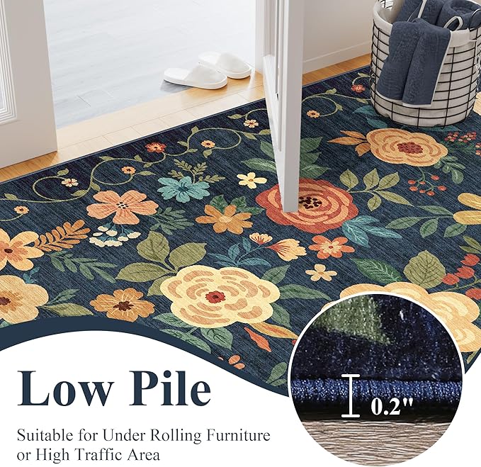 DUKINO Floral Round Rug, 4ft Washable Circle Rug, Non Slip Indoor Low Pile Circle Rug, Soft Small Boho Design Carpet for Bedroom, Entryway, Living Room, Dining Room, Dark Blue