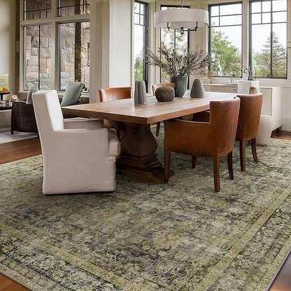 Washable 8x10 Area Rugs for Living Room, Boho Non-Slip Vintage Distress Large Rugs for Bedroom Dining Room Nursery Office, 0.3" Neutral Oriental Throw Thin Carpet, Moss/Yellow/Multi, C3