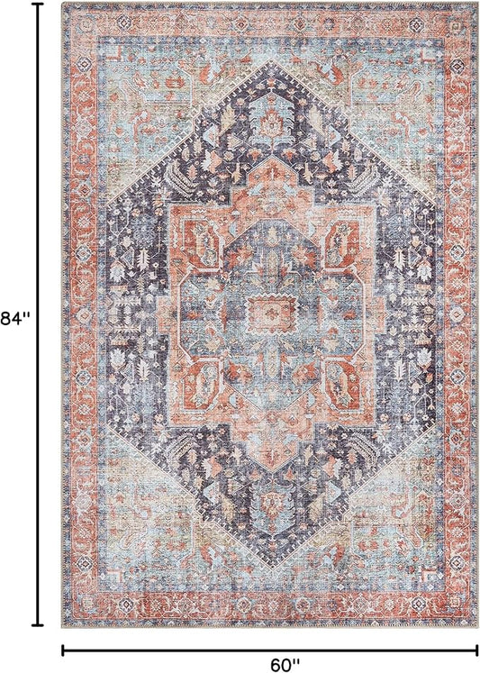 Bloom Rugs Washable Non-Slip 5' x 7' Rug - Terracotta/Blue Traditional Medallion Area Rug for Living Room, Bedroom, Dining Room, and Kitchen - Exact Size: 5' x 7'