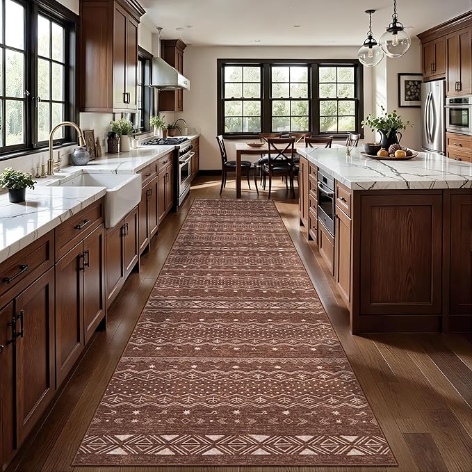 SERISSA Hallway Runner Rug, 2'6"x8' Washable Non-Slip Coffee Brown Boho Rug, Soft Low-Pile Geometric Indoor Long Carpet for Kitchen Laundry Room Bathroom