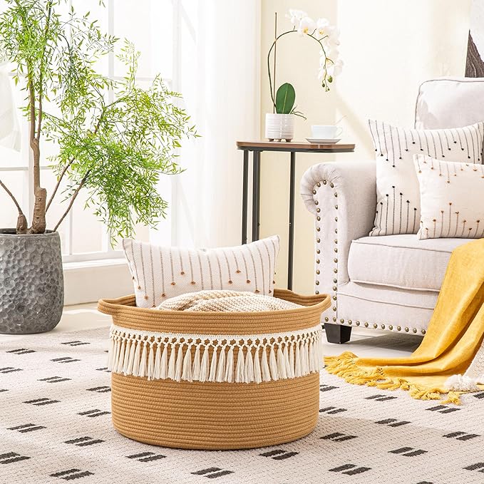 KAKAMAY Large Blanket Basket (20"x13"),Woven Baskets for storage Baby Laundry Hamper, Cotton Rope Blanket Basket for Living Room, Laundry, Nursery, Pillows, Baby Toy chest (Brown Fringe)
