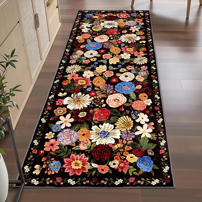 Rug for Hallways Kitchen Rug 3x7, Non Slip Washable Runner Rug with Rubber Backing Soft Floral Carpet for Hallways, Kitchen, Laundry, Bedroom, Bathroom (3 x 7, Black/Brown)
