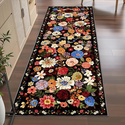 Rug for Hallways Kitchen Rug 3x7, Non Slip Washable Runner Rug with Rubber Backing Soft Floral Carpet for Hallways, Kitchen, Laundry, Bedroom, Bathroom (3 x 7, Black/Brown)