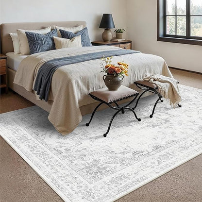6x9 Vintage Washable Area Rugs Boho Medallion Large Distressed Retro Accent Carpet Floral Non-Slip Soft Low Pile Indoor Throw Rug for Living Room Bedroom Dining Room Office Kitchen, Gray