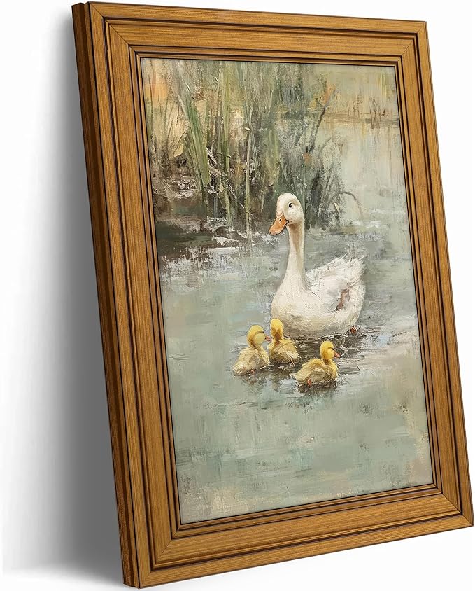 Vintage Gold Framed Canvas Wall Art, Ducks Poster Artwork, Country Animal Print Picture, Farmhouse Nature Pond Painting Wall Decor, for Living Room, Bedroom, Home Decoration, 12x16in