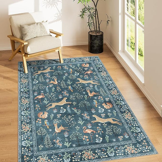 DUKINO 4x6 Rug, Washable Animal Area Rug with Non Slip Vintage Design, Indoor Soft Low Pile Carpet for Bedroom, Nursery, Dining Room, Farmhouse, Playroom, Blue