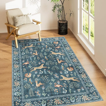 DUKINO 3x5 Rug, Washable Animal Area Rug with Non Slip Vintage Design, Indoor Soft Low Pile Carpet for Bedroom, Nursery, Dining Room, Farmhouse, Playroom, Blue