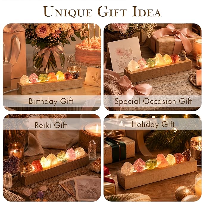 Healing Crystal Night Light,7 Chakra Stones Bedside Lamp,Mood Light with Wooden LED Light Base,Healing Stones Positive Energy Night Light for Home Decor Gifts (Plug-in)