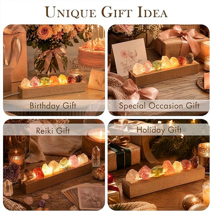 Healing Crystal Night Light,7 Chakra Stones Bedside Lamp,Mood Light with Wooden LED Light Base,Healing Stones Positive Energy Night Light for Home Decor Gifts (Plug-in)