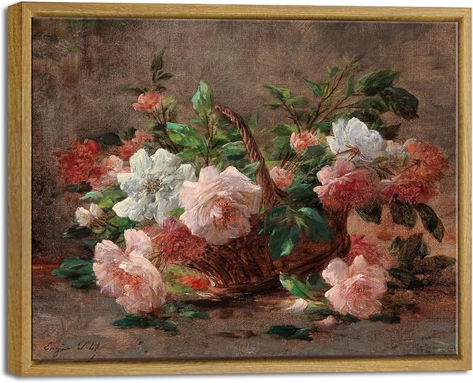 Pyradecor Vintage Retro Framed Wall Art A Basket with Roses Canvas Prints Classical Floral Painting Artwork for Kitchen Decor Farm House Office Decorations