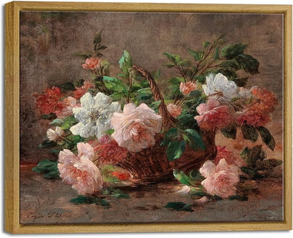 Pyradecor Vintage Retro Framed Wall Art A Basket with Roses Canvas Prints Classical Floral Painting Artwork for Kitchen Decor Farm House Office Decorations
