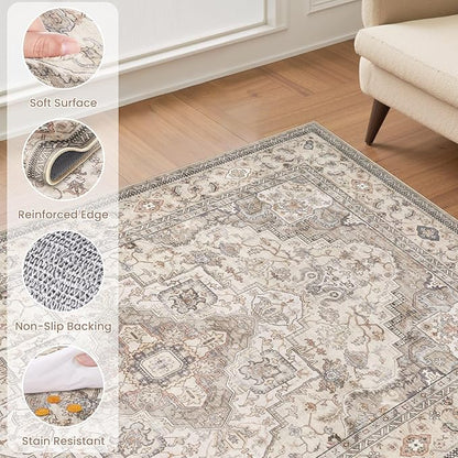 EIEIHOUSE Washable Area Rugs for Living Room - 10x14 Neutral Vintage Distressed Floral Farmhouse Boho Large Soft Floor Rug Indoor Non Slip Carpet for Bedroom Dining Room Office - Brown/Multi