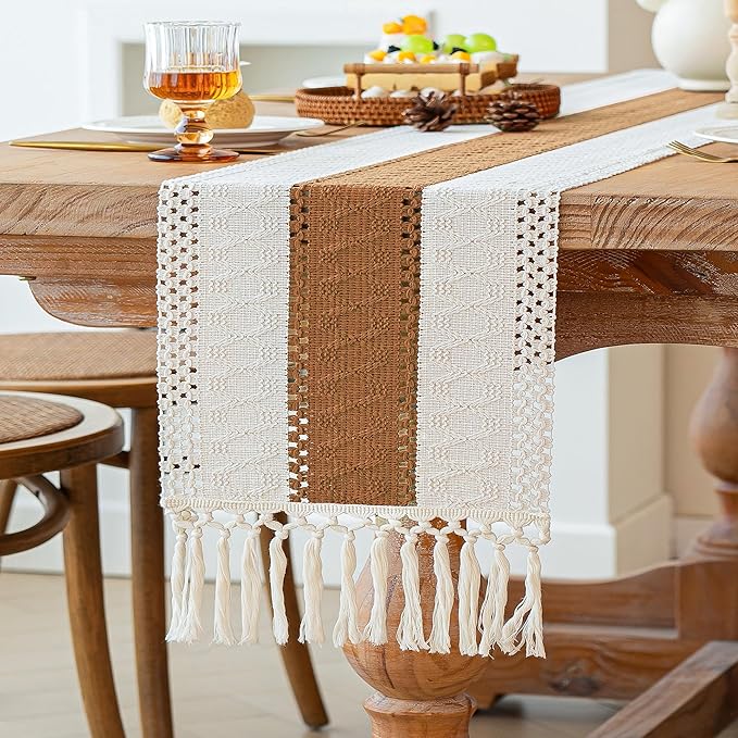 FEXIA Boho Table Runner with Tassels 72 Inches Long for Summer Home Decor Farmhouse Rustic Macrame Burlap Table Decoration for Living Room Dining Room, Reddish Brown(12x72 Inches)