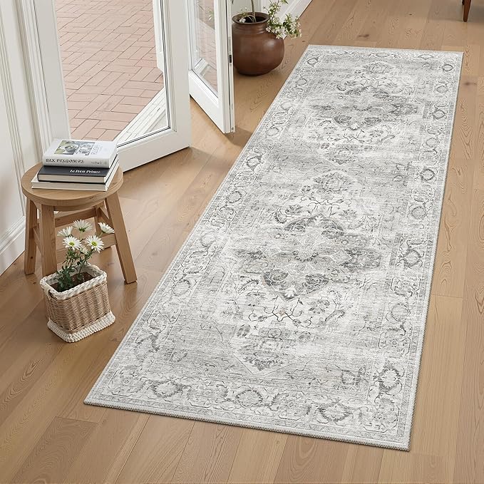2x5 Washble Hallway Runner Rug - Vintage Non Slip Long Rugs for Entryway Ultra Soft Stain Resistant Distressed Indoor Low Pile Mat Waterproof Carpet for Living Room Bedroom Laundry Ivory/Gray
