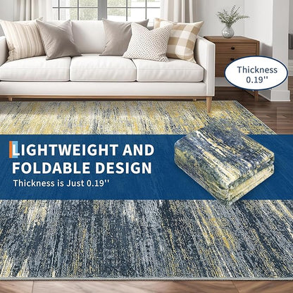 ROYHOME Washable Rug 5x7 Abstract Area Rug for Living Room, Non Slip Foldable Soft Rugs for Bedroom, Stain Resistant Rugs Modern Fuzzy Rug, Indoor Carpet for Entryway Home, Yellow/Black