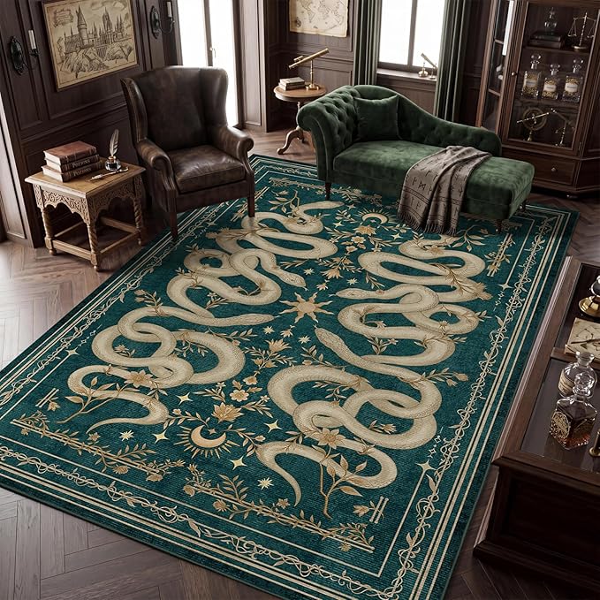 Garvee Snake Gothic 6x9 Area Rug Dark Whimsical Moody Witchy Unique Soft Thin Large Carpet for Living Room Bedroom Dining Room Playroom Indoor Decor Low Pile TPE Backing Blue Green