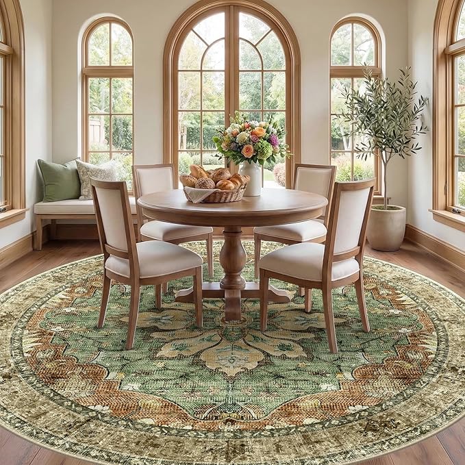 RELEANY Area Rugs Round 8ft Washable Non-Slip, Floral Vintage Distress Print Pattern Medallion Carpet for Living Room Bedroom Dining Room, Brick Red Rust Neutral Brown Burnt Orange Green