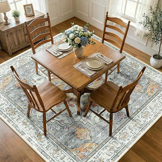 RELEANY Area Rugs Square 7ft Washable Non-Slip, Floral Vintage Distress Print Pattern Medallion Carpet for Living Room Bedroom Dining Room, Light Yellow Carbon Grey Orange