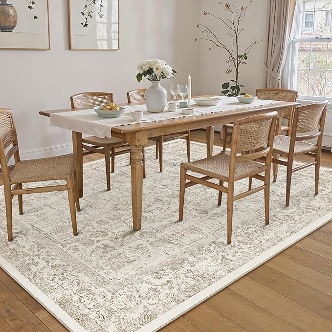 PureCozy Light Brown Area Rug 5x8 Machine Washable Vintage Living Room Distressed Non Slip Carpet Traditional Indoor Bedroom Retro Floral Accent Throw Large Rug Office Kitchen Bathroom Dining Room