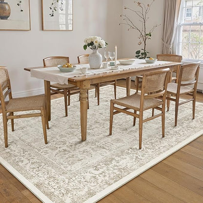 PureCozy Light Brown Area Rug 5x8 Machine Washable Vintage Living Room Distressed Non Slip Carpet Traditional Indoor Bedroom Retro Floral Accent Throw Large Rug Office Kitchen Bathroom Dining Room