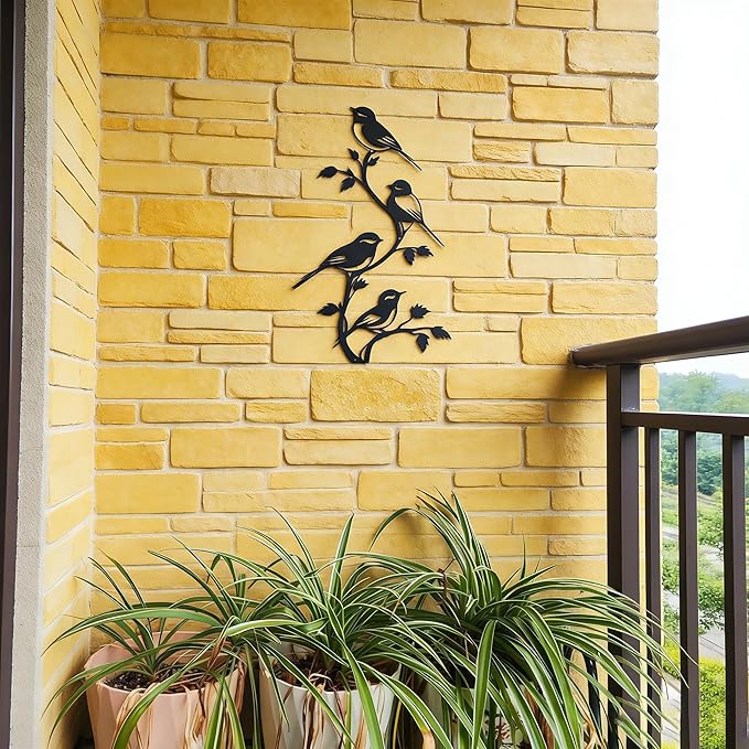 SonnTonn Black Metal Bird Wall Decor - 4 Birds on Branch Silhouette Wall Art, Rustic Style Wall Sculpture for Living Room, Bedroom, Patio, Garden, Farmhouse Home Decor (9.29”x15.75” / 23.6x40cm)
