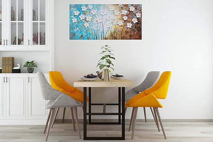 YHSKY ARTS Flower Canvas Wall Art Hand Painted 3D Turquoise Brown White Painting Modern Abstract Floral Pictures Aesthetic Artwork for Living Room Bedroom Dinning Room Decoration