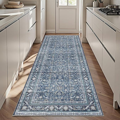 OPPODREAM Vintage Blue 3x6 Runner Rug, 3 x 6 Retro Washable Rug Non Slip, Low-Pile Faux Wool Carpet, Distressed Navy Floor Mat for Kitchen, Hallway, Entry-Way, Entrance, Indoor Back Door