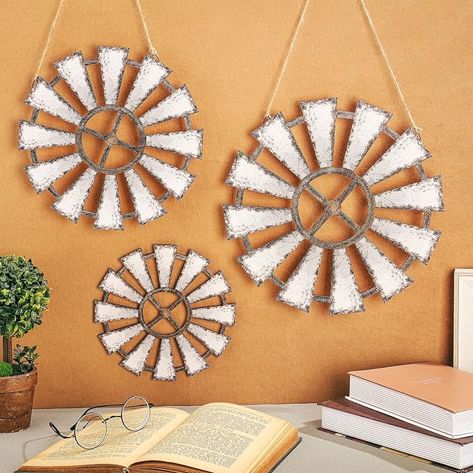 Yookeer 3 Pcs Wood Windmill Wall Decor Farmhouse Hanging Decoration Wooden Windmill Kitchen Decor Rustic Decor Living Room Sculpture Art for Bedroom Nursery Home Decor(Farmhouse)