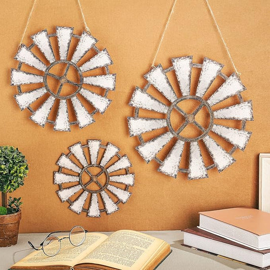 Yookeer 3 Pcs Wood Windmill Wall Decor Farmhouse Hanging Decoration Wooden Windmill Kitchen Decor Rustic Decor Living Room Sculpture Art for Bedroom Nursery Home Decor(Farmhouse)