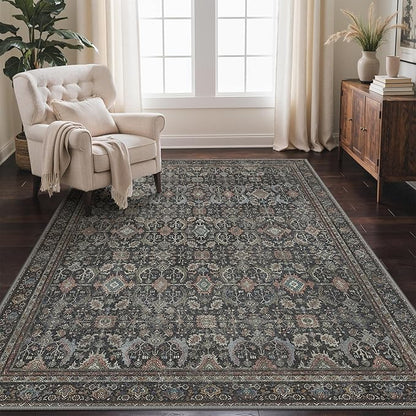 GENIMO 8x10 Area Rugs for Living Room, Machine Washable Non Slip Vintage Rugs, Low Pile Lightweight Chenille Print Rug for Bedroom, Dining Room, Home Office, Black
