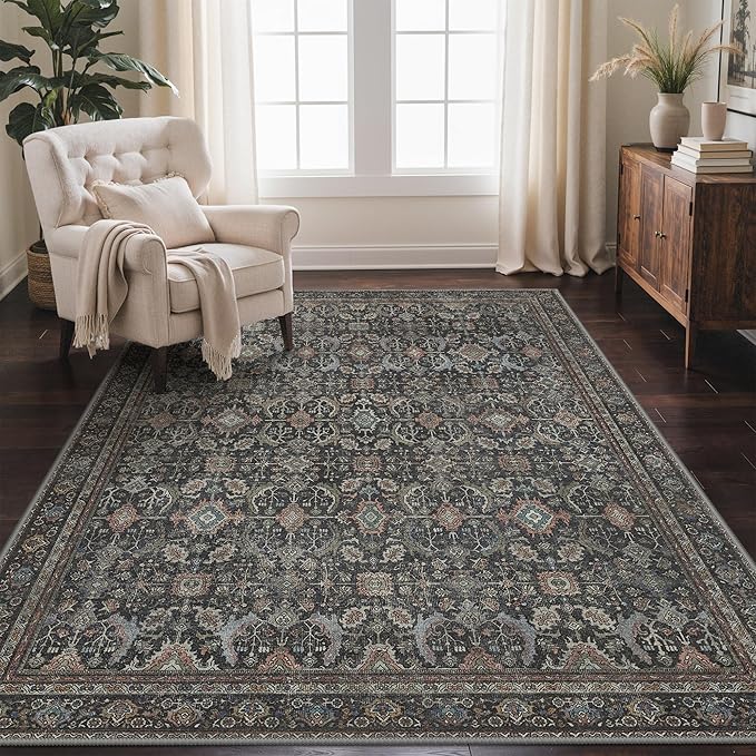 GENIMO 9x12 Area Rugs for Living Room, Machine Washable Non Slip Vintage Rugs, Low Pile Lightweight Chenille Print Rug for Bedroom, Dining Room, Home Office, Black