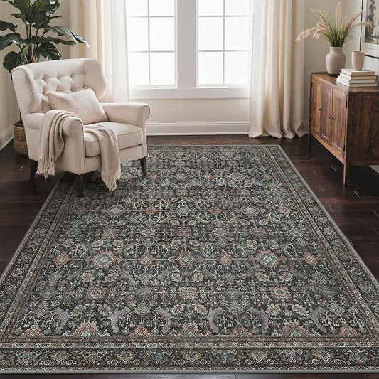GENIMO 9x12 Area Rugs for Living Room, Machine Washable Non Slip Vintage Rugs, Low Pile Lightweight Chenille Print Rug for Bedroom, Dining Room, Home Office, Black