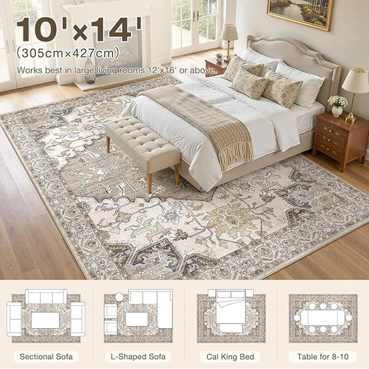 10x14 Washable Area Rugs for Living Room: Non Slip Vintage Brown Rug, Large Soft Stain Resistant Indoor Floor Carpets for Bedroom Dining Room Farmhouse Nursery Home Office Kid & Pet Friendly