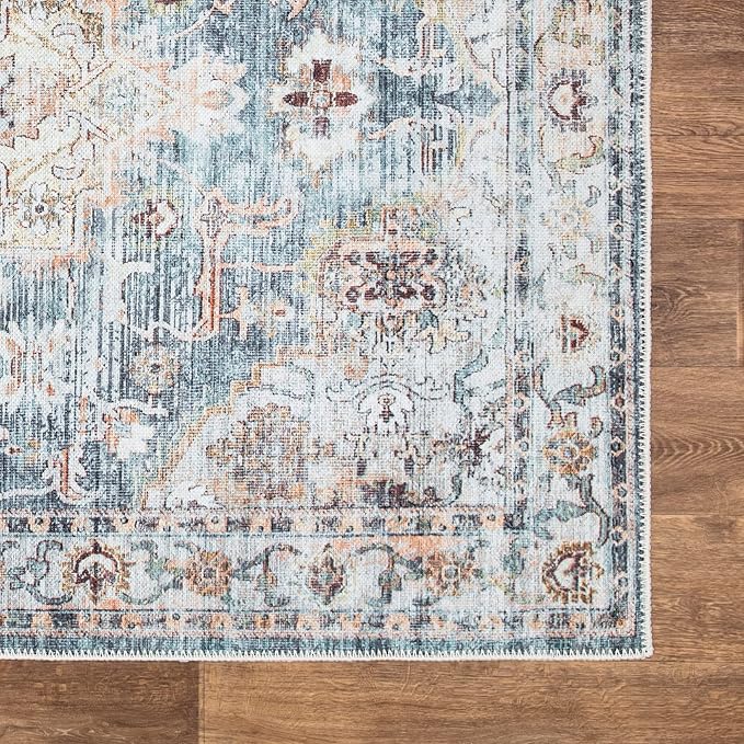 Bloom Rugs Washable Non-Slip 5' x 7' Rug - Teal/Peach Traditional Area Rug for Living Room, Bedroom, Dining Room, and Kitchen - Exact Size: 5' x 7'