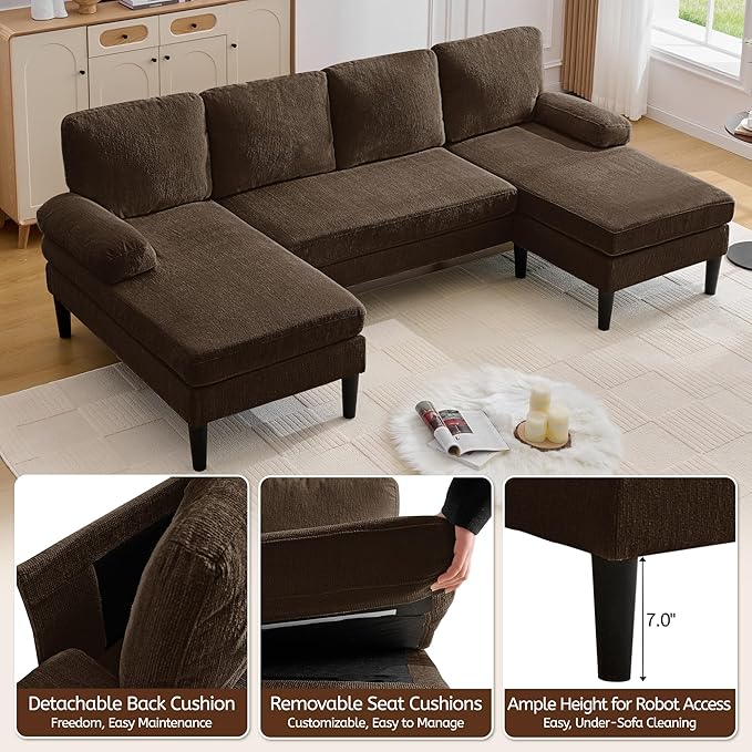 Korser 101" U-Shaped Sectional Couches for Living Room, Chenille Upholstery 4-Seat Sofa with Double Chaises, Modern Couch with Wood Legs for Apartment & Small Space, Brown