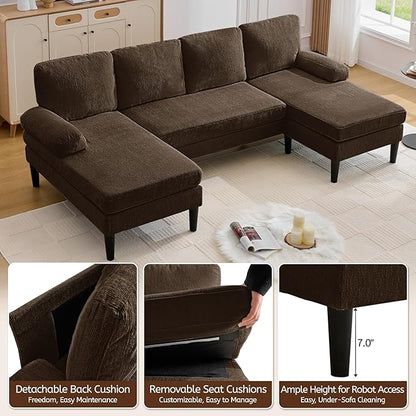 Korser 101" U-Shaped Sectional Couches for Living Room, Chenille Upholstery 4-Seat Sofa with Double Chaises, Modern Couch with Wood Legs for Apartment & Small Space, Brown