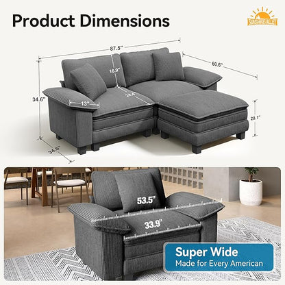 SUNSHINE VALLEY Sectional Loveseat with Ottoman, 87.5'' Oversized Corduroy Love Seat Modular Sofa Couch with Pillow, 3-Seat Modern L Shaped Cloud Deep Seat for Bedroom Small Space, Grey