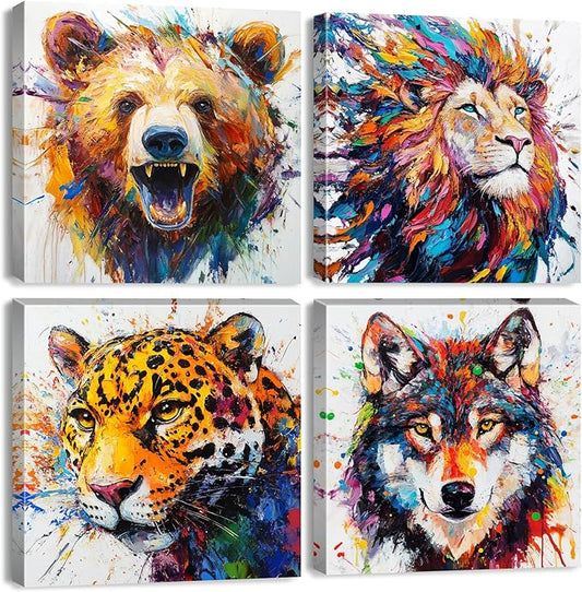 Animal Canvas Wall Art Boys Room Decor Abstract Colourful Lion Wolf Bear Tiger Pictures Kids Bedroom Watercolor Graffiti Animals Posters Nursery Paintings Toddler Artwork Framed Decorations 12x12”4Pcs