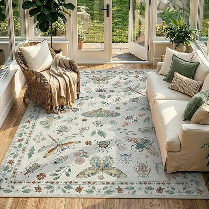Lahome Insect Print Washable Rugs for Living Room, Soft 6x9 Area Rugs for Bedroom, Ultra-Thin Non Slip Modern Area Rug Low Pile Throw Carpet for Dining Room Office Vionnet(6'x9',Beige)