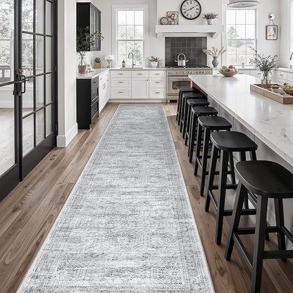 Soalmost Runner Rug 2'6" x 16' Washable Non-Slip 2.5x16 ft Long Runner Rugs for Kitchen Bathroom Laundry Room Vintage Ultra Thin Runners for Hallway Entryway Grey