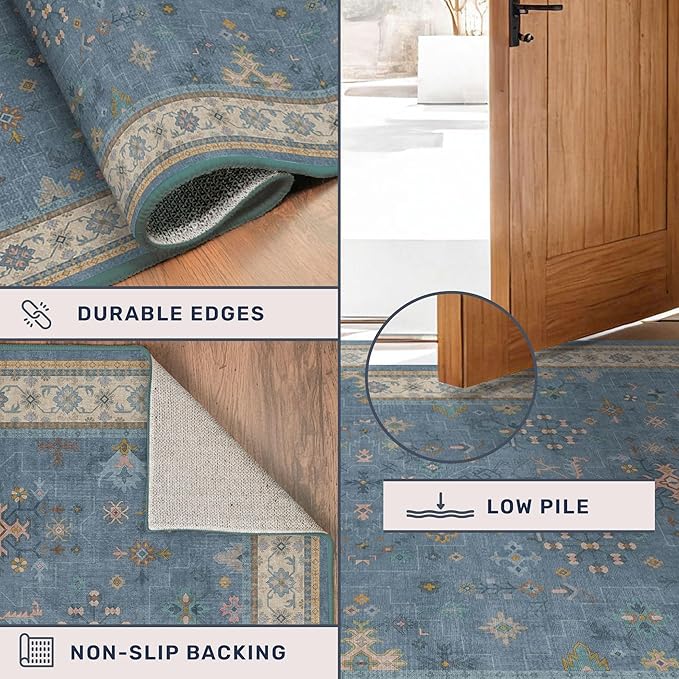 Washable 3x8 Throw Rug for Hallway - Blue Rugs for Entryway Indoor, Bedroom Bedside, Mudroom, Boho Eclectic Modern Décor, Non Slip Low Pile Fade Resistant